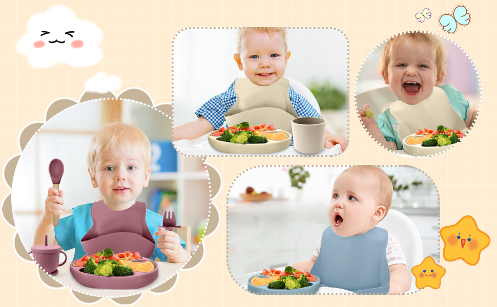 Collage of infants eating from colorful plates with compartments, containing various foods including broccoli and other vegetables.
