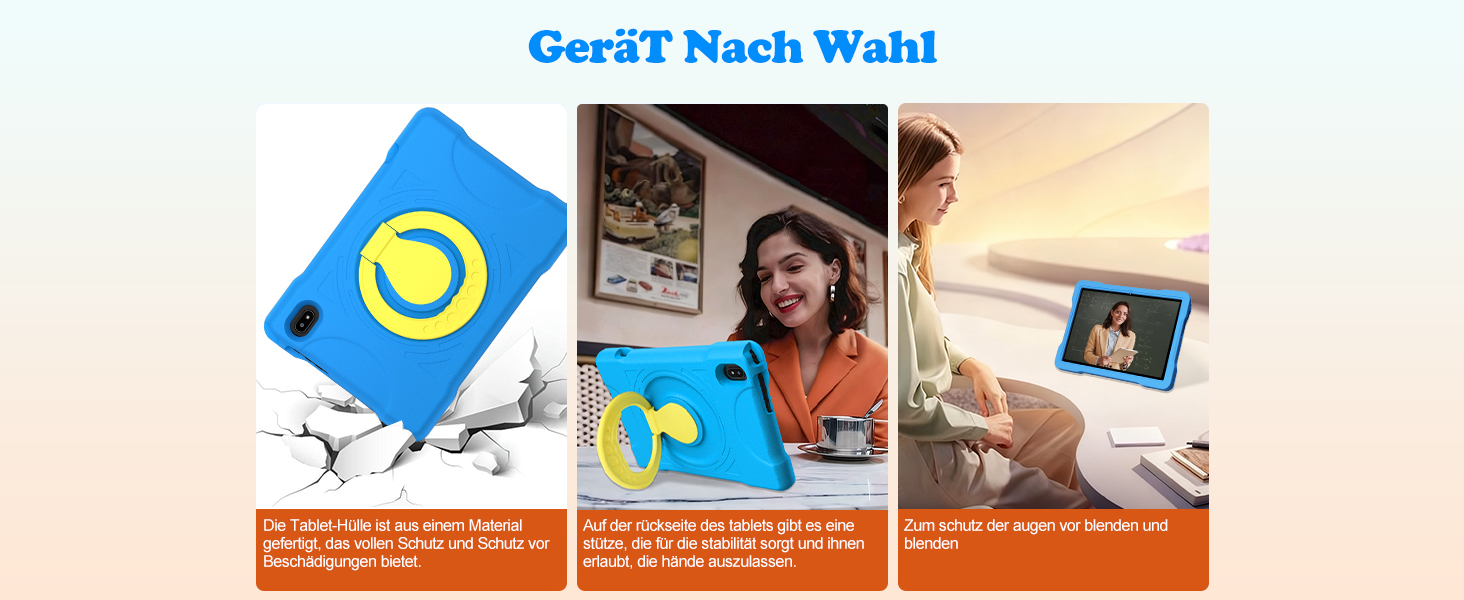 Aufeinander folgende Anleitungsbilder mit blauen Benutzeroberflächenelementen und Navigationsschritten für mobile Apps, die den Ablauf der Benutzerinteraktion demonstrieren.