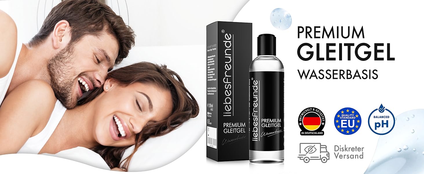 Black bottle of premium water-based lubricant gel. Product features include EU quality, pH balanced, and made in Germany.