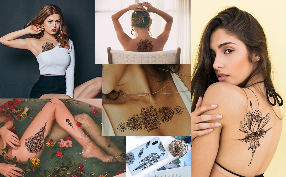 Collage van zes afbeeldingen met tijdelijke tatoeages in florale henna-stijl op verschillende lichaamsdelen, waaronder rug, armen en schouders