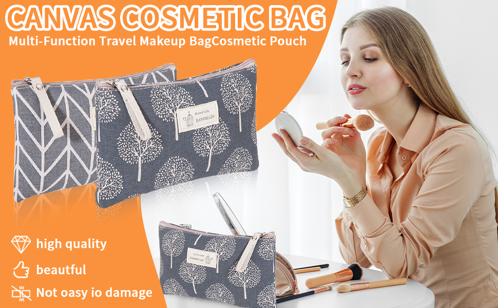 Canvas Cosmetic Bag, 2 PCS Portable Women Purses, Printed Makeup Bag Pouch Multifunctional Travel Toiletry Bag with Zipper for Cosmetics Keys Cards 9 small makeup bag for handbag
