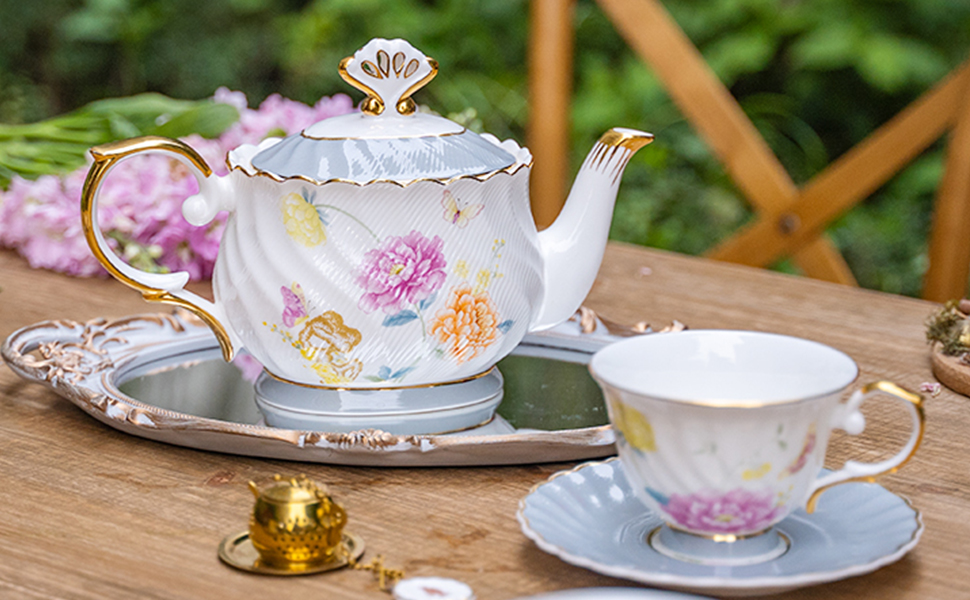 ACMLIFE Bone China Tea Set for Women, 21 Piece Tea Set with Teapot, Creamer Pitcher