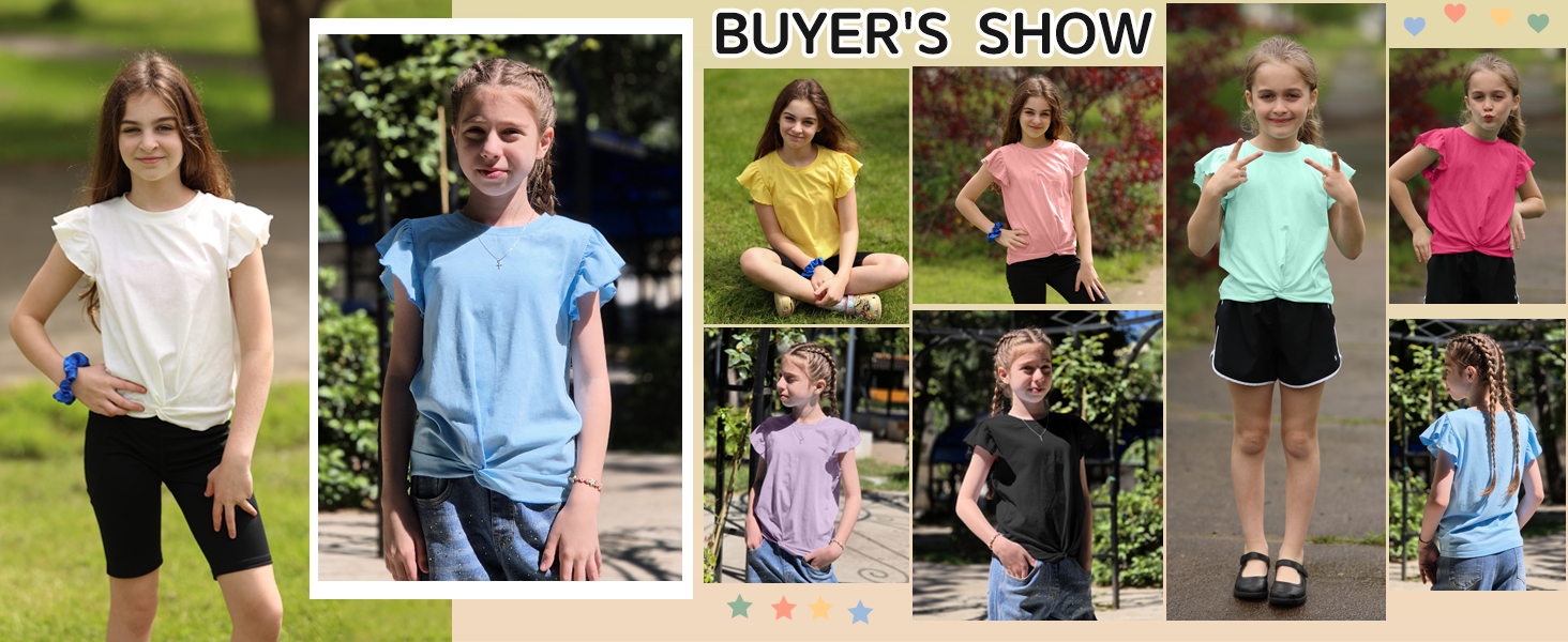Girls T Shirts Ruffle Sleeve Twist Front Tshirts Summer Casual Crewneck Tees Tops