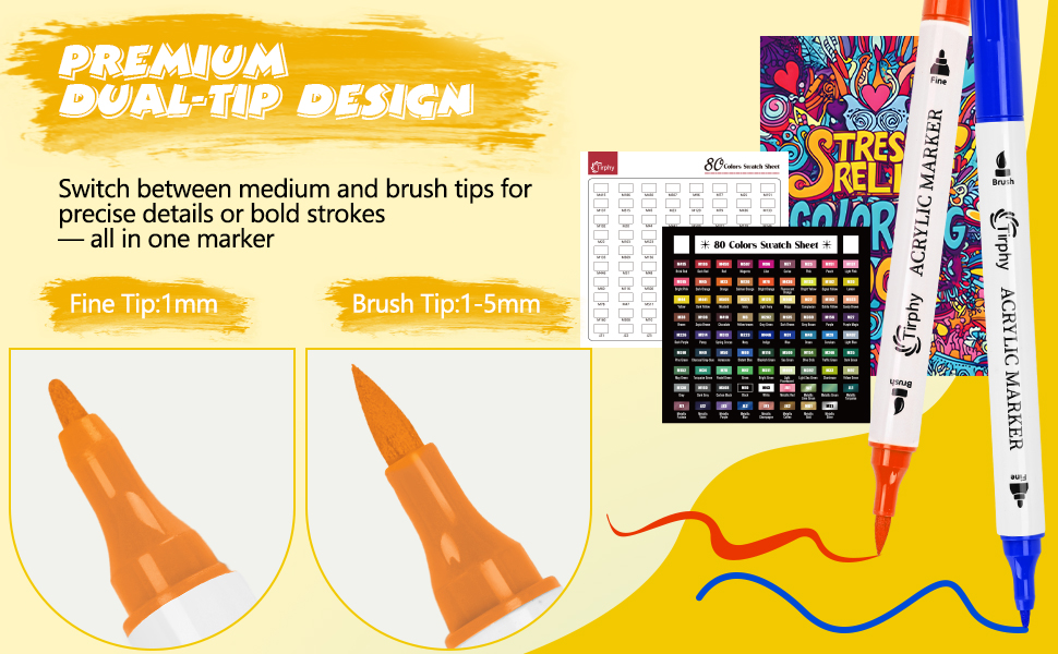 Tirphy Acrylic Paint Markers, 80 Colors ... 5 permium dual-tip design