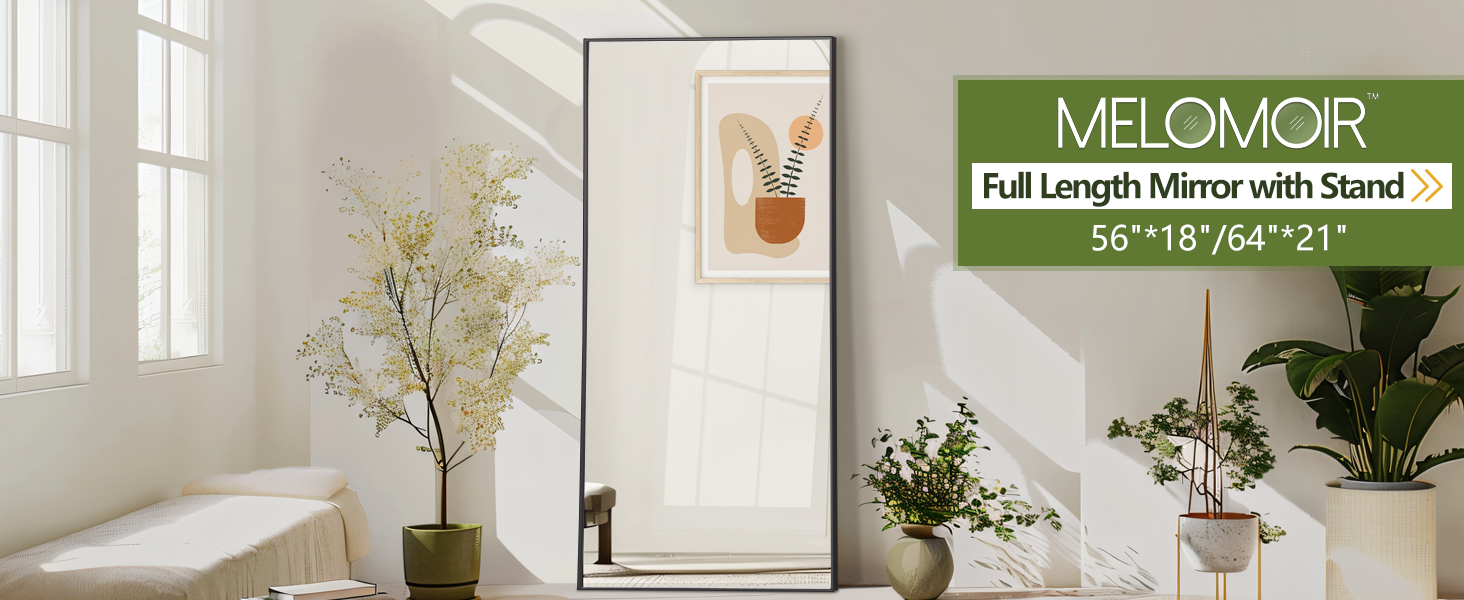 Full Length Mirror, Floor Mirror with Stand Hanging or Leaning, Aluminum Alloy Frame Full Body Mirror for Bedroom Living Room Cloakroom Hallway, Wall Mirror Full Length, Black