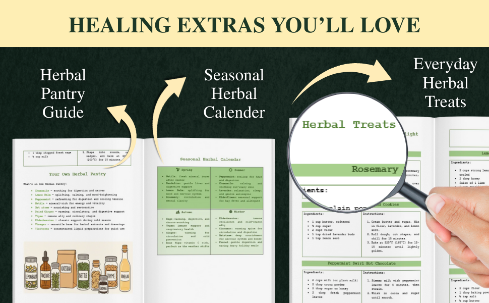 Text reads 'HEALING EXTRAS YOU'LL LOVE', 'Herbal', 'Sensual', 'Everyday', 'Guide', 'Herbal Calendar'. Multiple panels showing herbal product documentation and guides.
