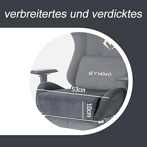 Close-up van een grijze bureaustoelstoel, met afmetingen van 53 cm breed en 10 cm diep. De stoel heeft het label 'SYMINO'