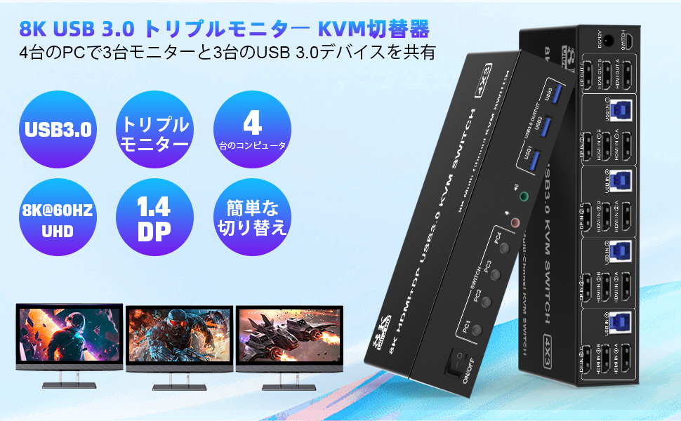 Amazon.co.jp: 8K@60Hz 4K@144Hz DisplayPort+2 HDMI KVM切替器3