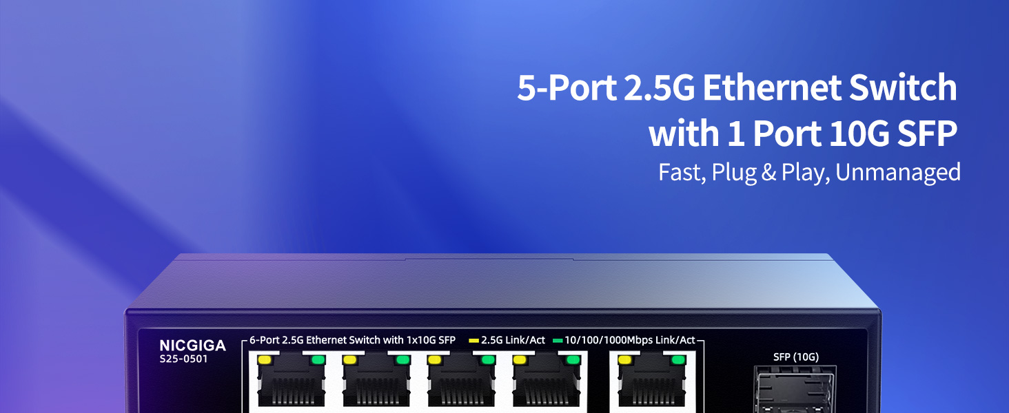 NICGIGA 5 Port 2.5G Switch with 10G SFP Uplink, Unmanaged 2.5Gb Network Switch, Plug