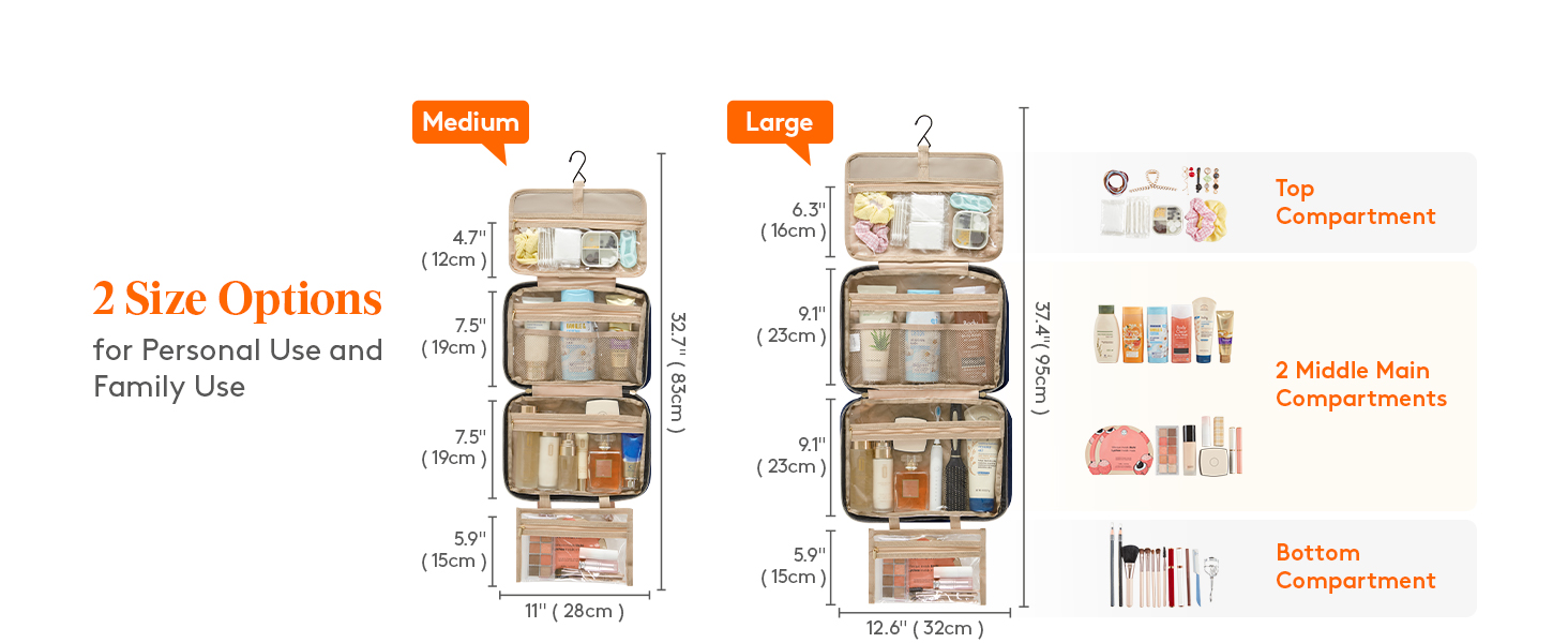 Diagram showing two sizes of hanging toiletry organizers with multiple compartments. Features dimensions, storage capacity, and compartment layouts for medium and large options.