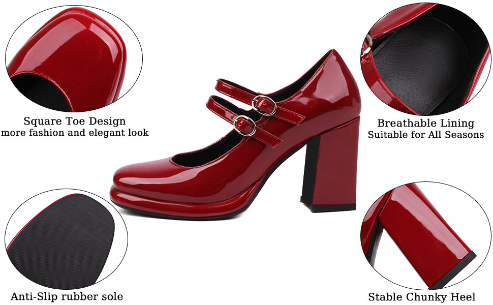 Amazon.com | SEIFIN Women's Patent Leather Chunky Heel Mary