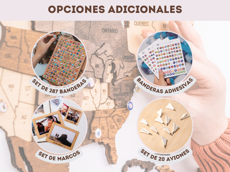 El texto dice «OPCIONES ADICIONALES». Colección de insignias o fichas circulares que muestran patrones y diseños similares a los de un mapa.