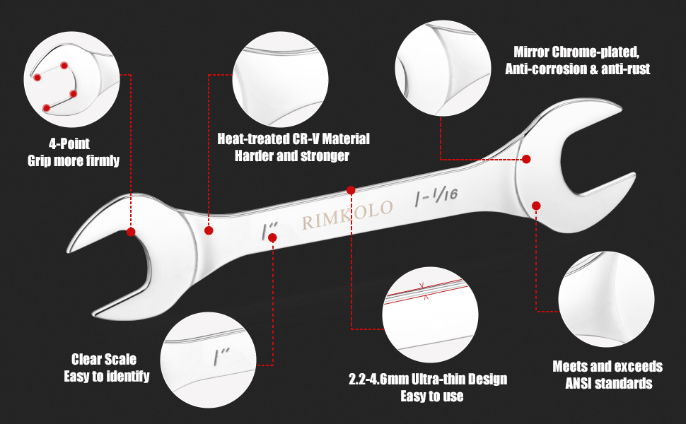 RIMKOLO SuperThin Open End Wrench Set, 16Piece SAE & Metric 3/8" to 1