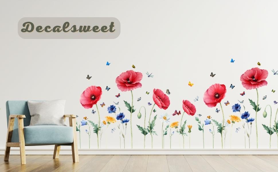 Red Poppy Flowers Wall Decals Spring Summer Garden Floral
