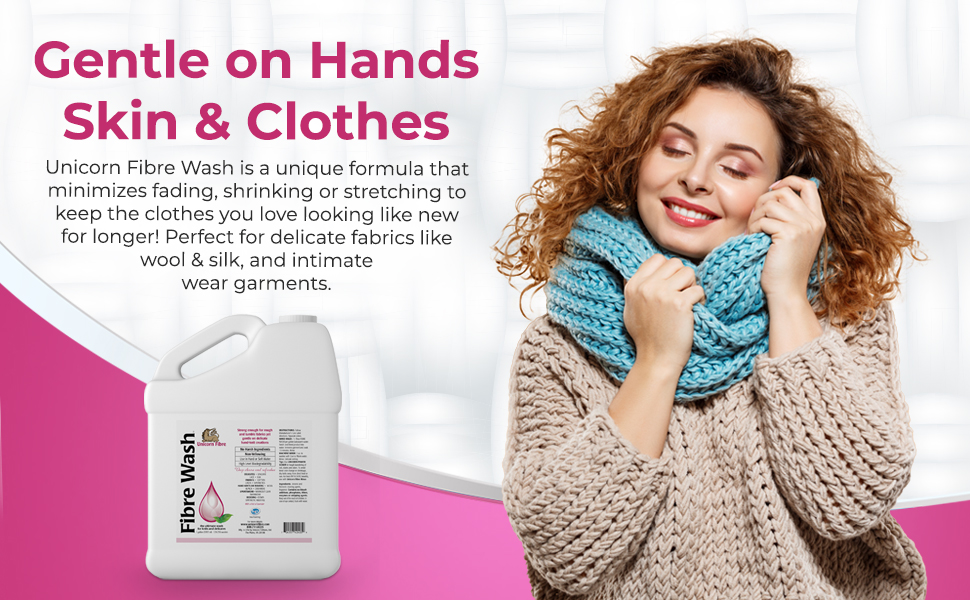 unicorn fibre wash gallon woman caressing her soft clothing 