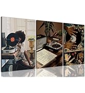 AOYUSMO African American Woman Wall Art Black Music Fashion Canvas Wall Art Set of 3 Record Decor...
