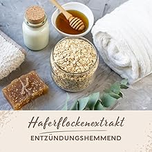Der Text lautet „ENTSPANNUNGSMEDIKAMENT“. Serie von Produktfotos mit Glasgefäßen mit natürlichen Zutaten wie Honig und Hafer auf Marmoroberflächen.