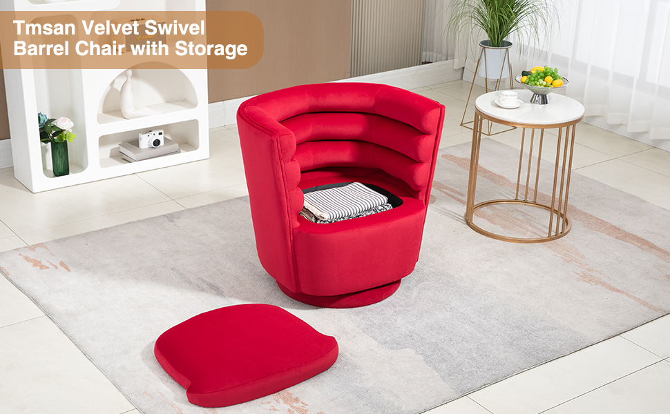 Tmsan Swivel Barrel Chair with Storage, 20.47" W Velvet Round Swivel Accent Chair