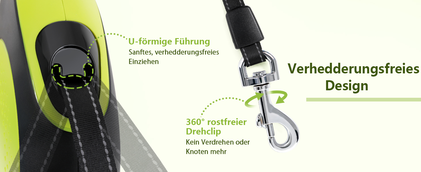 Der Text lautet „Verhedderungsfreies Design“. Technische Abbildung mit den Konstruktionsmerkmalen eines Produkts mit grünen Pfeilen und Anmerkungen.