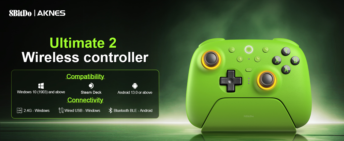 Text reads 'Ultimate 2 Wireless controller'. Green gaming controller with traditional button layout and wireless connectivity features.