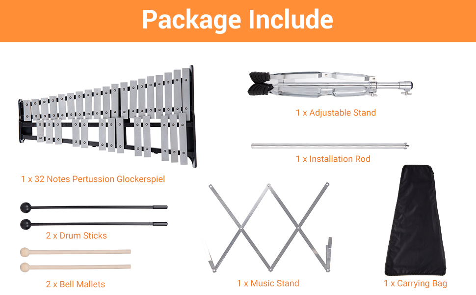 Sierjian 32 Notes Glockenspiel with Adjustable Height Stand