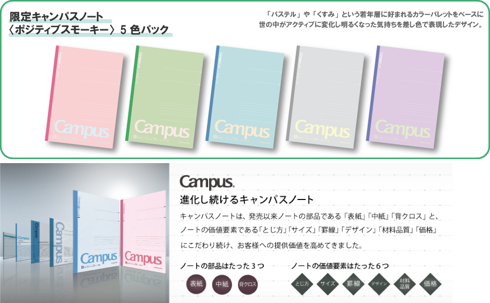 Campus Pack Notebook Set, 50th Anniversary, 5 Colors, 5 Books, Positive Smoky