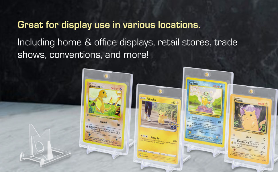 BCW Card Stands: display Pokémon cards like Charmander, Pikachu, Squirtle with clear plastic holders