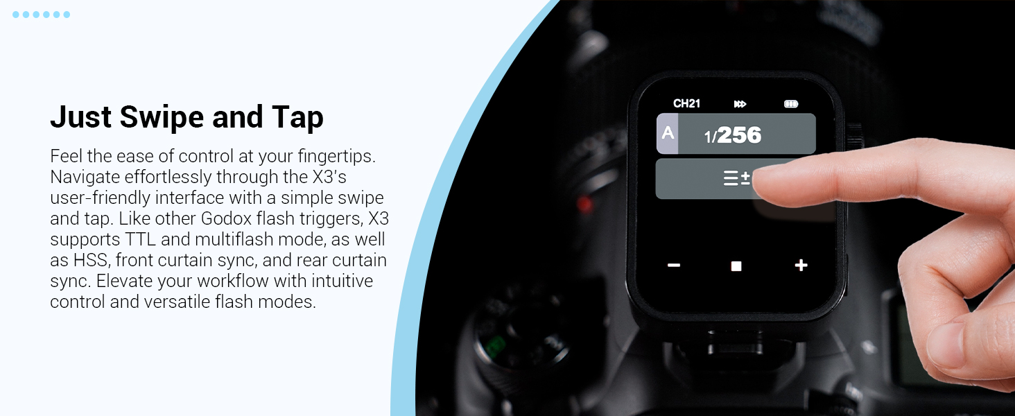 Handbedienbares Touchscreen-Display auf einem Gerät, auf dem die Anweisungen „Einfach wischen und tippen“ und eine digitale Anzeige von „0:56“ angezeigt