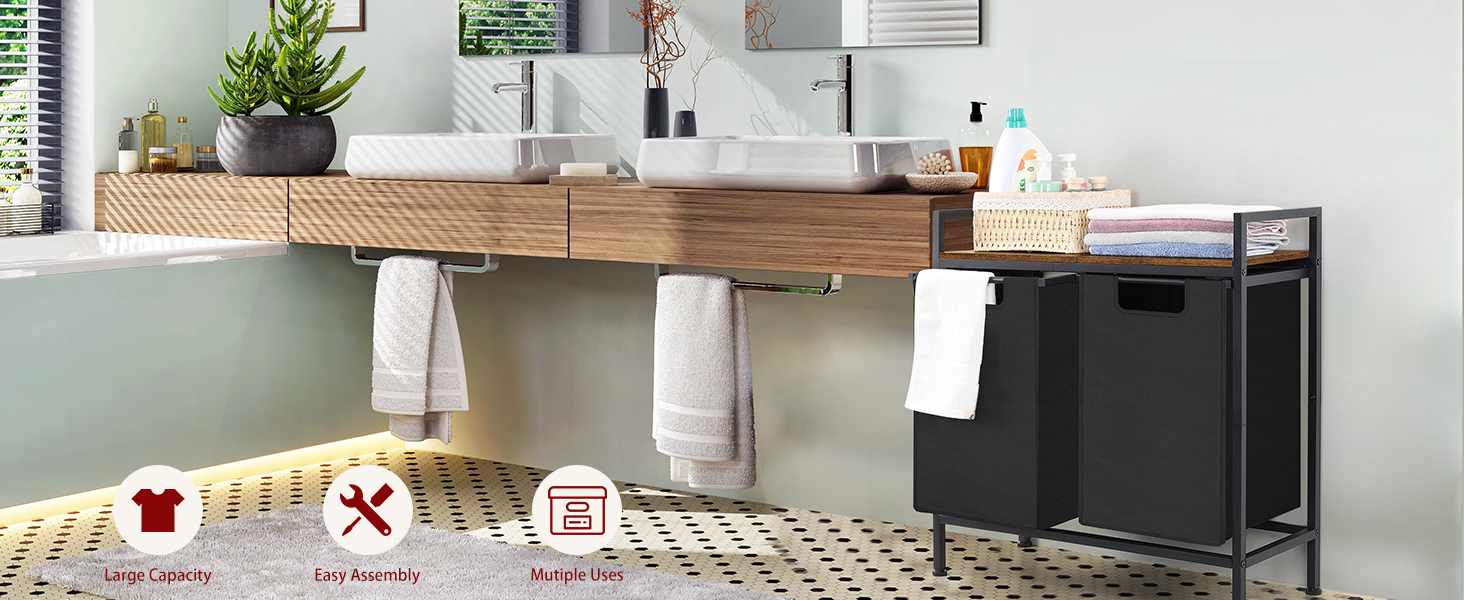 Double Laundry Hamper with Shelf Laundry Basket 2 Section with 2x45L