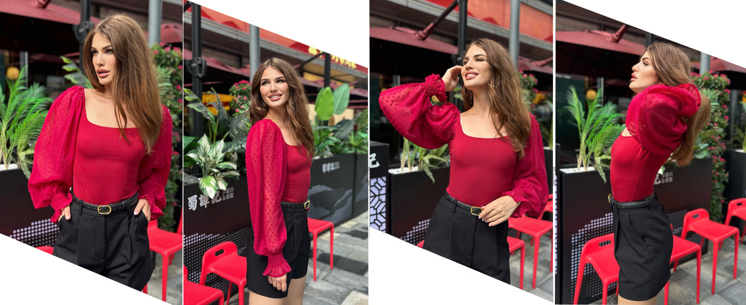 wine red swiss dot mesh sleeve top