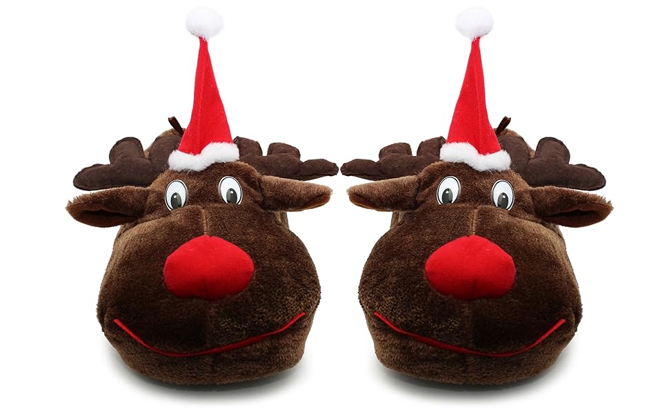 Two plush reindeer-shaped slippers with red noses and Santa hats. Brown fuzzy material with white accents for the eyes.