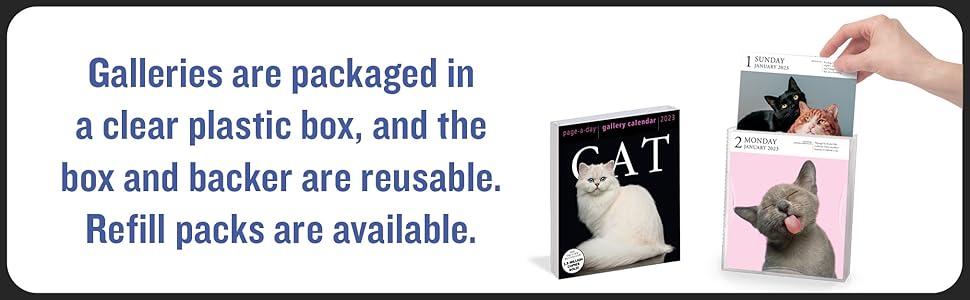 Galleries are packaged in a clear plastic box and backer are reusable. Refill packs are available.