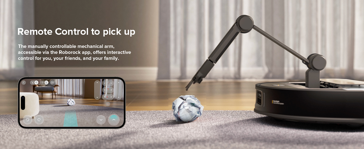 Robot vacuum with extendable arm picking up a small object on carpet. Smartphone displays remote control interface. Text describes remote pickup feature.