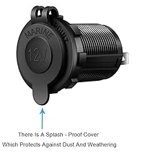 Black waterproof power socket with multiple safety protection features, including splash-proof cover and dust protection, shown with safety certification icons.