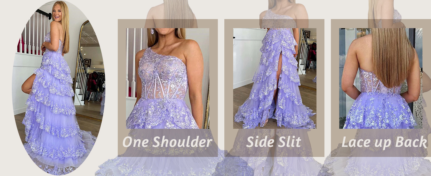 Lace Tiered Prom Dress 2025 for Women Sequined Sparkly Formal Evening Party Gowns One Shoulder Slit