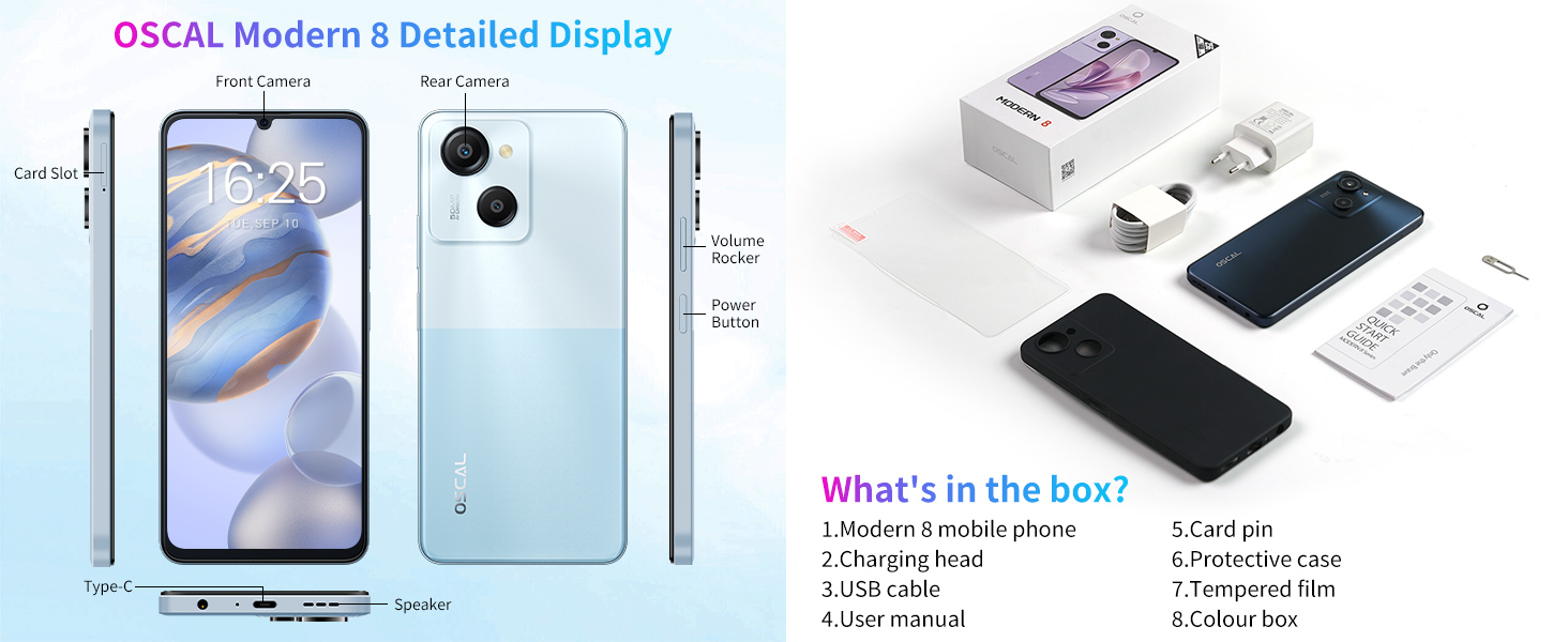 Details and packaging of the OSCAL Modern 8 (8+128) smartphone