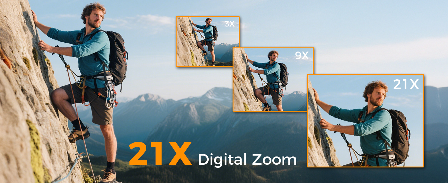 Camera zoom capability demonstration showing three progressive shots of a rock climber, highlighting 21X digital zoom functionality.
