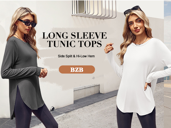トップス Bruna pantssetup BZB Womens Long Sleeve Tunic Tops Fall Casual Crew Neck Side