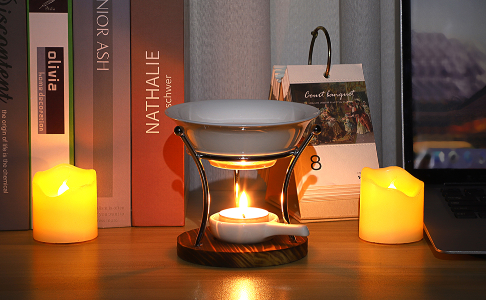 BSTKEY Metal Wooden Wax Melt Burner Essential Oil Burner with Ceramic