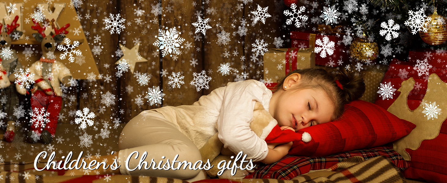Holiday-themed image with decorative snowflake overlay and 'Children's Christmas gifts' text against warm-toned background