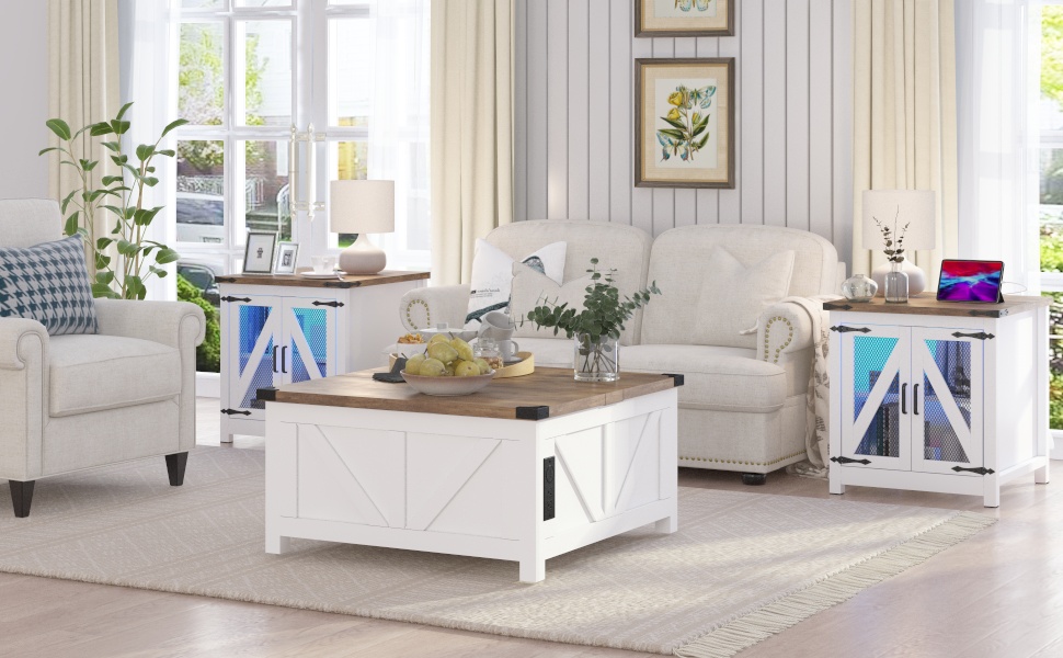Farmhouse End Table, 24" Large Sofa Side Table with Charging Station