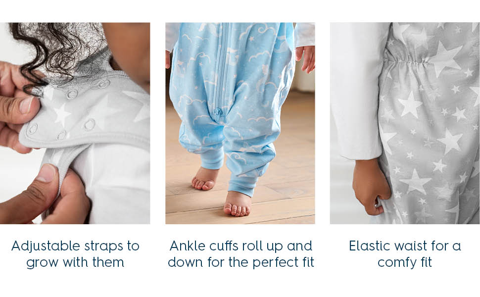 Adjustable straps, ankle cuffs roll up and down, elastic waist for a comfy fit