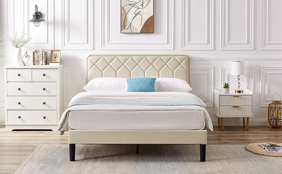 VECELO Double Size Bed Frame Premium Upholstered Platform with Height