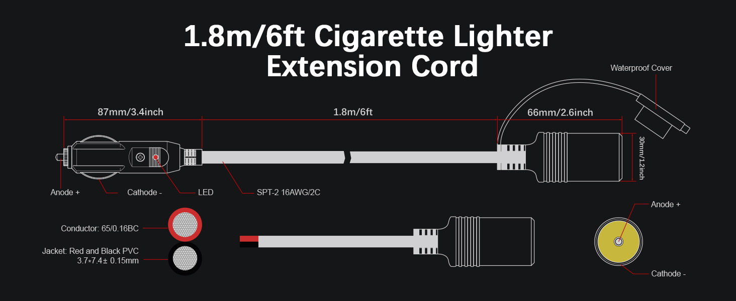 Technical diagram of 1.8m/6ft cigarette lighter extension cord showing specifications and connection details in black and white.
