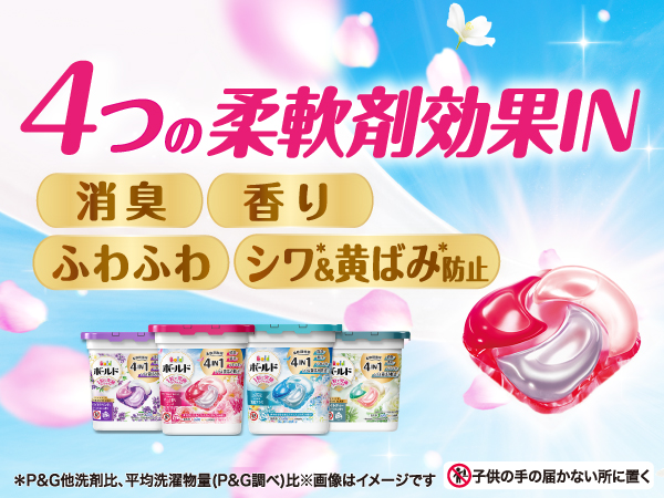 部屋干しでも天日干し級の爽やかさ 新4IN1 消臭　香りふわふわシワ&黄ばみ防止 部屋干しでも天日干し級の爽やかさ！『ボールド』より太陽の