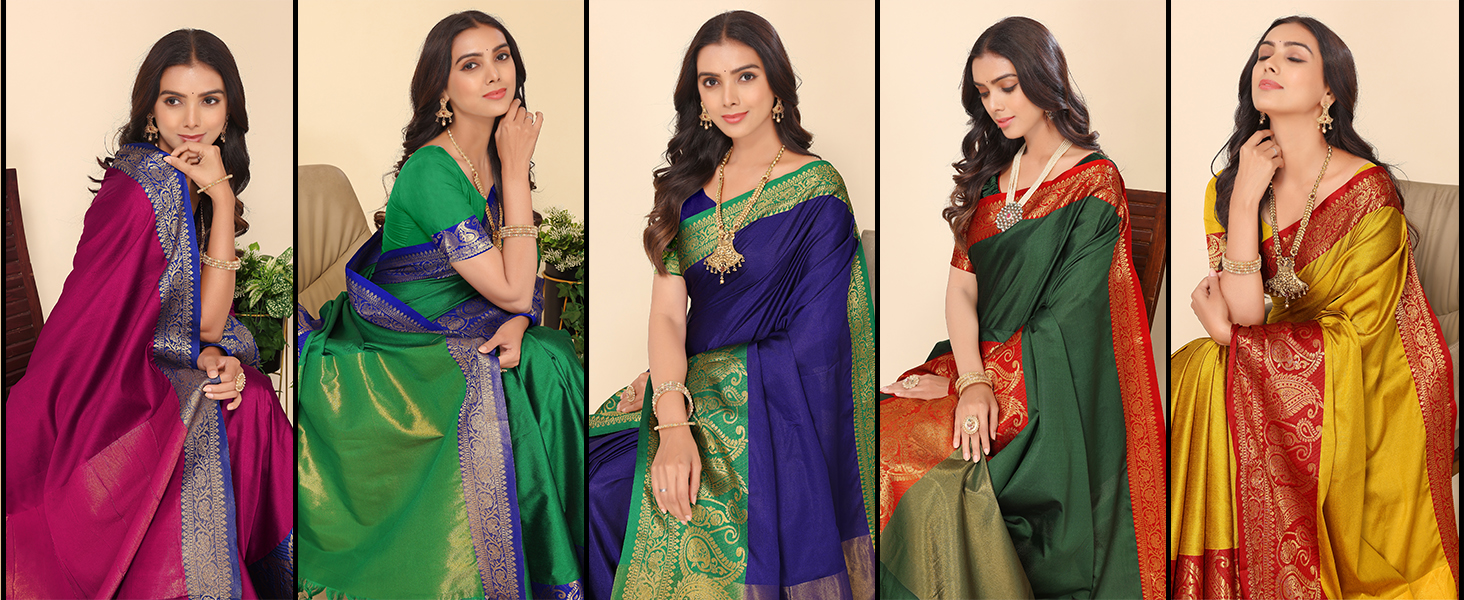 Solid Plain Banarasi Silk Latest Design Saree Golden Zari Border Rich Pallu Diwali  