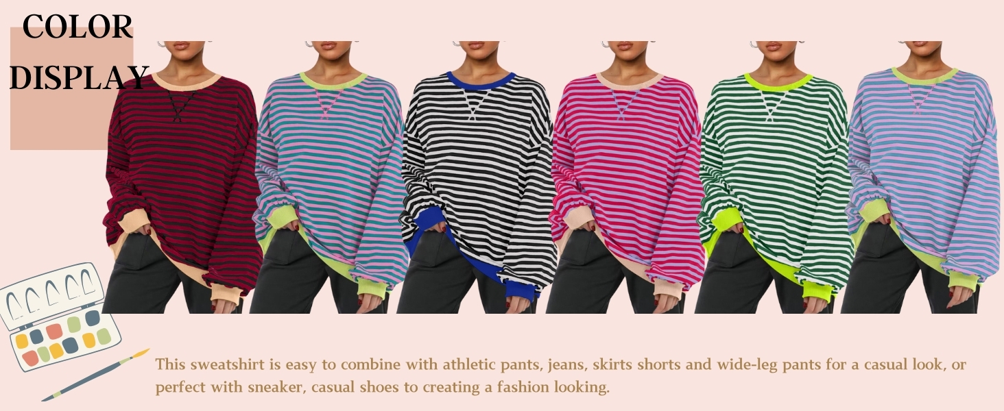 Women Striped Oversized Sweatshirt Color Block Long Sleeve Shirt Crew Neck Casual LooseY2K Top