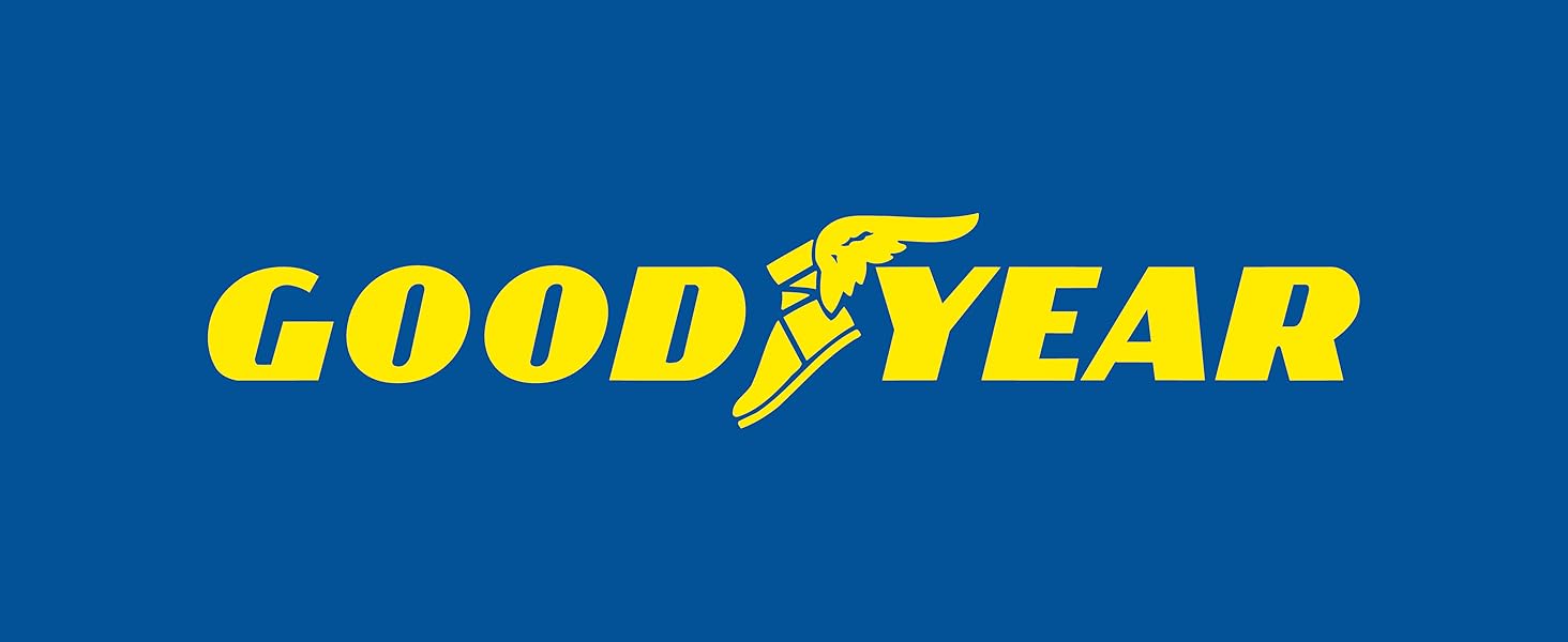 de Goodyear en texto amarillo sobre fondo azul. El logotipo muestra el nombre de la empresa con un símbolo estilizado con forma de pie alado entre «bueno» y «año».