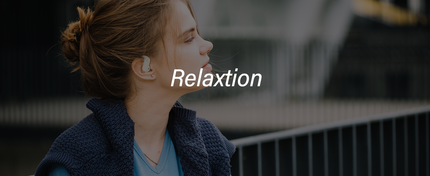 White wireless earbud worn in ear, visible against backdrop of person with blue jacket. Text overlay reads 'Relaxtion'.