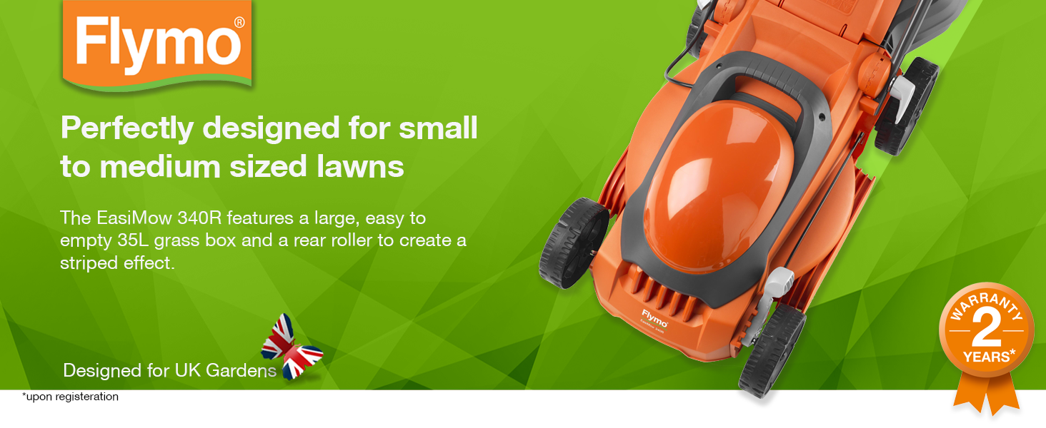 The EasiMow 340R features a large 35l grass box and a rear roller for a striped finish